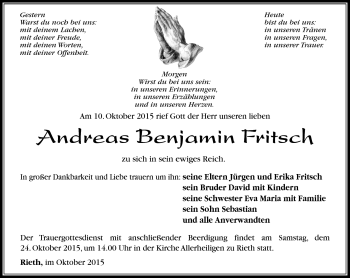 Traueranzeige von Andreas Benjamin Fritsch von Südthüringer Presse