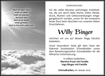 Traueranzeige von Willy Bínger von Südthüringer Presse