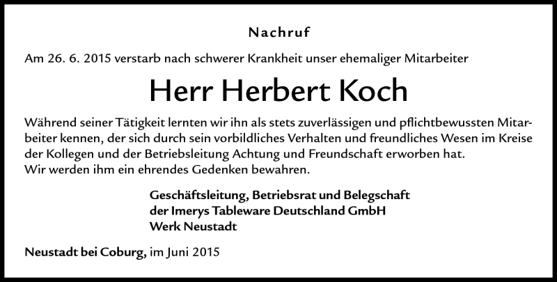  Traueranzeige für Herbert Koch vom 04.07.2015 aus Neue Presse Coburg