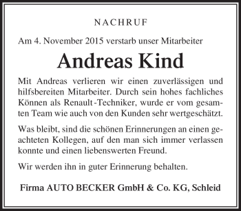 Traueranzeige von Andreas Kind von Südthüringer Presse