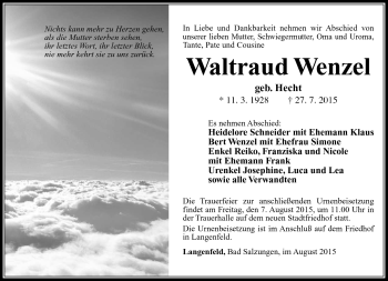Traueranzeige von Waltraud Wenzel von Südthüringer Presse