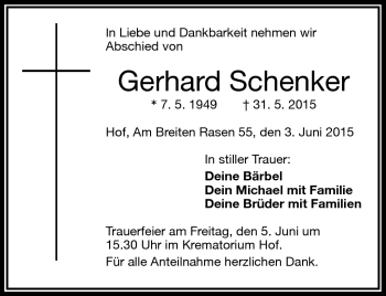 Traueranzeige von Gerhard Schenker von Frankenpost