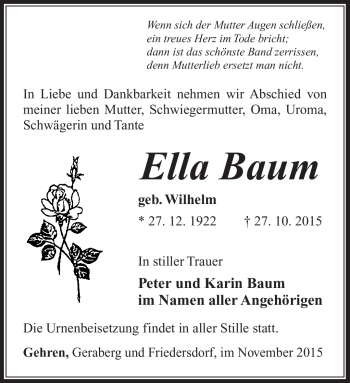 Traueranzeige von Ella Baum von Südthüringer Presse