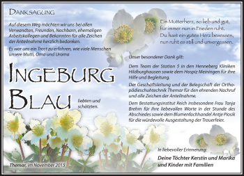Traueranzeige von Ingeburg Blau von Südthüringer Presse