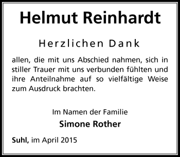 Traueranzeige von Horst Reinhardt von Südthüringer Presse