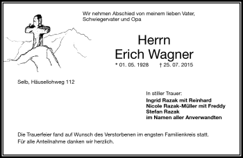 Traueranzeige von Erich Wagner von Frankenpost