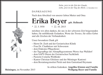Traueranzeige von Erika Beyer von Südthüringer Presse
