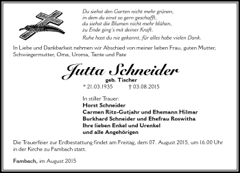 Traueranzeige von Jutta Schneider von Südthüringer Presse