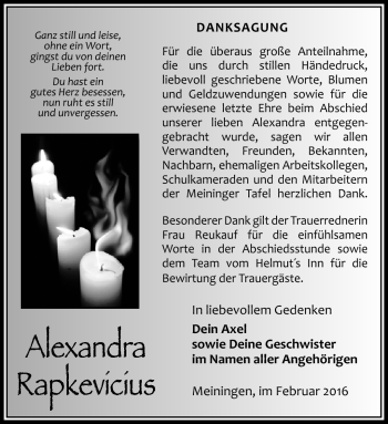 Traueranzeige von Alexandra Rapkevicius von Südthüringer Presse
