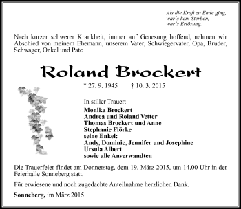 Traueranzeige von Roland Brockert von Südthüringer Presse