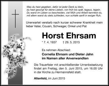 Traueranzeige von Horst Ehrsam von Südthüringer Presse