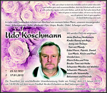 Traueranzeige von Udo Koschmann von Südthüringer Presse