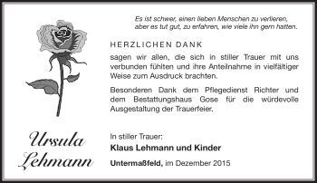 Traueranzeige von Ursula Lehmann von Südthüringer Presse