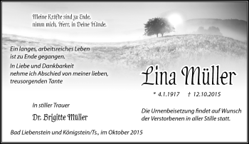 Traueranzeige von Lina Müller von Südthüringer Presse