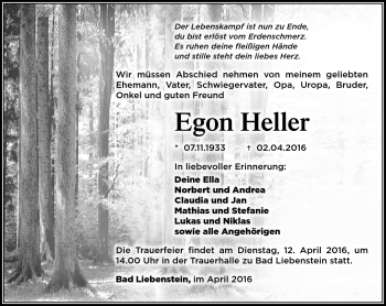 Traueranzeige von Egon Heller von Südthüringer Presse