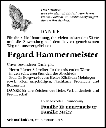Traueranzeige von Ergard Hammermeister von Südthüringer Presse
