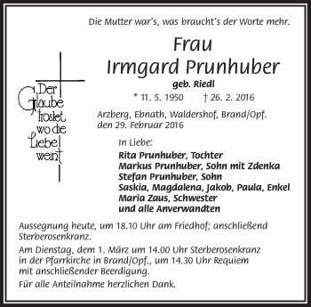 Traueranzeige von Irmgard Prunhuber von Frankenpost