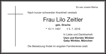 Traueranzeige von Lilo Zeitler von Frankenpost