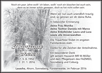 Traueranzeige von Hartmut Scheler von Südthüringer Presse