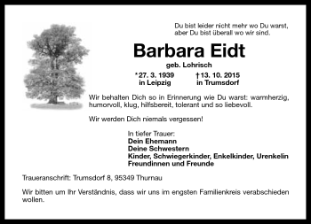 Traueranzeige von Barbara Eidt von Frankenpost