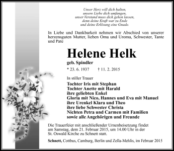 Traueranzeige von Helene Helk von Südthüringer Presse