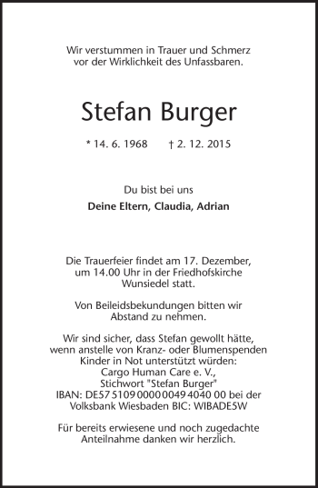Traueranzeige von Stefan Burger von Frankenpost