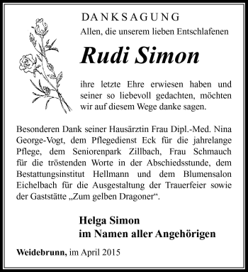 Traueranzeige von Rudi Simon von Südthüringer Presse