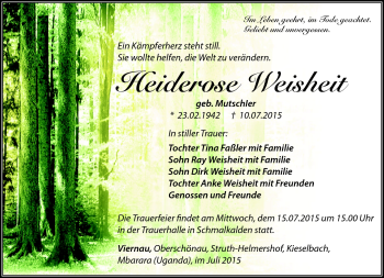 Traueranzeige von Heiderose Wilhelm von Südthüringer Presse