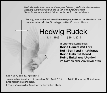 Traueranzeige von Hedwig Rudek von Neue Presse Coburg