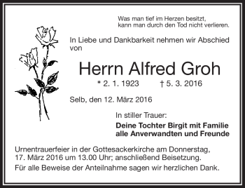 Traueranzeige von Alfred Groh von Frankenpost