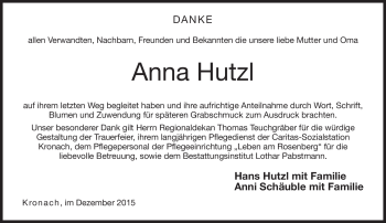 Traueranzeige von Anna Hutzl von Neue Presse Coburg