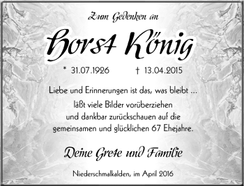 Traueranzeige von Horst König von Südthüringer Presse