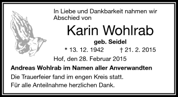 Traueranzeige von Karin Wohlrab von Frankenpost