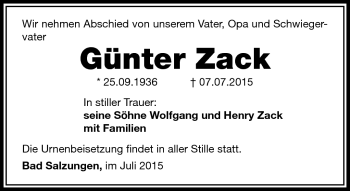 Traueranzeige von Günter Zack von Südthüringer Presse