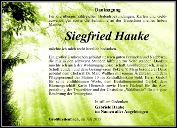 Traueranzeige von Siegfried Hauke von Südthüringer Presse