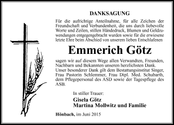 Traueranzeige von Emmerich Götz von Südthüringer Presse