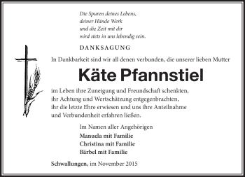 Traueranzeige von Käte Pfannstiel von Südthüringer Presse