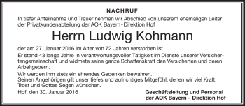 Traueranzeige von Ludwig Kohmann von Frankenpost