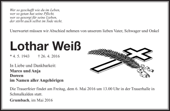 Traueranzeige von Lothar Weiß von Südthüringer Presse