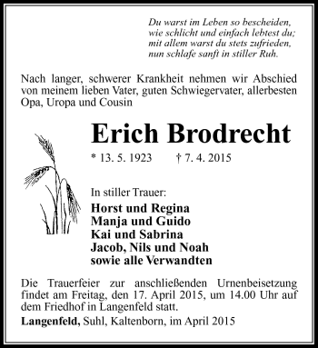 Traueranzeige von Erich Brodrecht von Südthüringer Presse