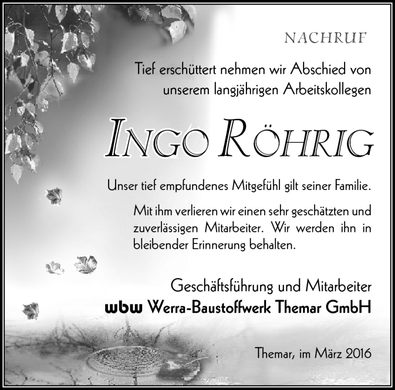  Traueranzeige für Ingo Röhrig vom 02.04.2016 aus Südthüringer Presse