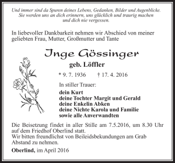 Traueranzeige von Inge Gössinger von Südthüringer Presse