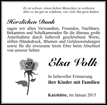Traueranzeige von Elsa Volk von Südthüringer Presse