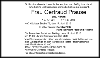 Traueranzeige von Gertraud Prause von Frankenpost