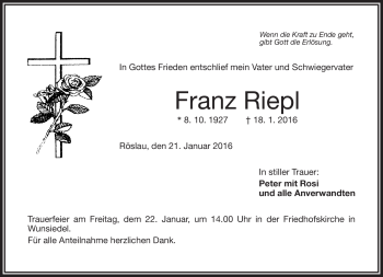 Traueranzeige von Franz Riepl von Frankenpost
