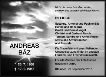 Traueranzeige von Andreas Bäz von Südthüringer Presse