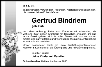 Traueranzeige von Gertrud Bindriem von Südthüringer Presse