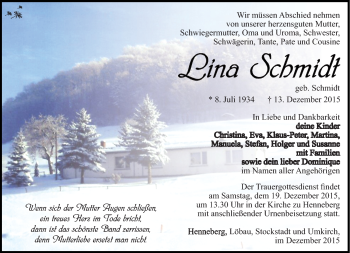 Traueranzeige von Lina Schmidt von Südthüringer Presse