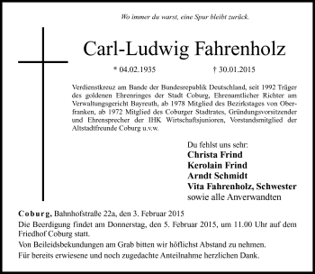 Traueranzeige von Carl-Ludwig Fahrenholz von Neue Presse Coburg