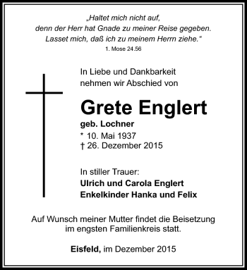 Traueranzeige von Grete Englert von Südthüringer Presse